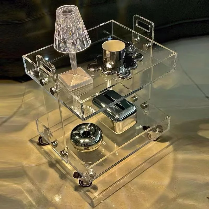 אקריליק שקוף זווית שולחן צד 2-שכבת אחסון טרולי מדף הספה ליד המיטה מטלטלין שקט אוניברסלי גלגל פשוטה חטיפים ההגירה - 1