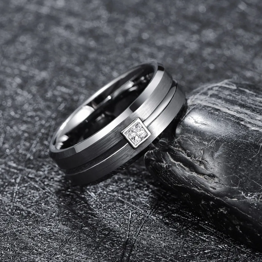 BONLAVIE טבעת נישואין יפיפייה העיקרי צבע יהלום אמיתי 0.3 ct גברים טבעות אמיתי טונגסטן קרביד להקות חתונה זכר הטבעת - 1