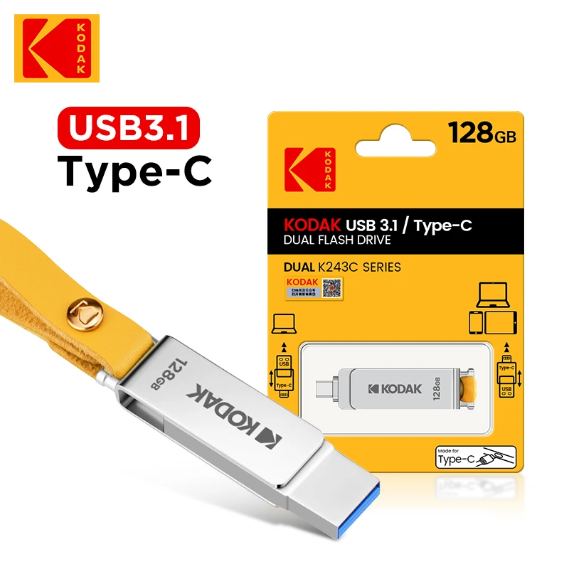 קודאק OTG USB פלאש כונן 128GB סוג C Pendrive K243C מתכת USB3.1 64GB 132GB 2 ב-1 U-דיסק Landyard על מקשי הטלפון החכם הנייד - 1
