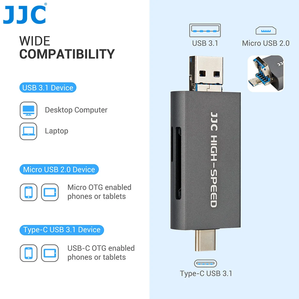 JJC UHS-II SD MSD קורא כרטיסי USB 3.1/מיקרו USB 2.0/סוג C USB 3.1-ל. SD Micro SD TF כרטיס זיכרון מתאם למחשב נייד טלפון OTG - 1
