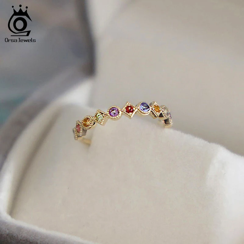 ORSA תכשיטי כסף סטרלינג 925 נשים טבעות קשת צבעונית AAAA זירקון זהב-צבע כסף האצבע טבעת תכשיטים 2021 EQR14 - 1