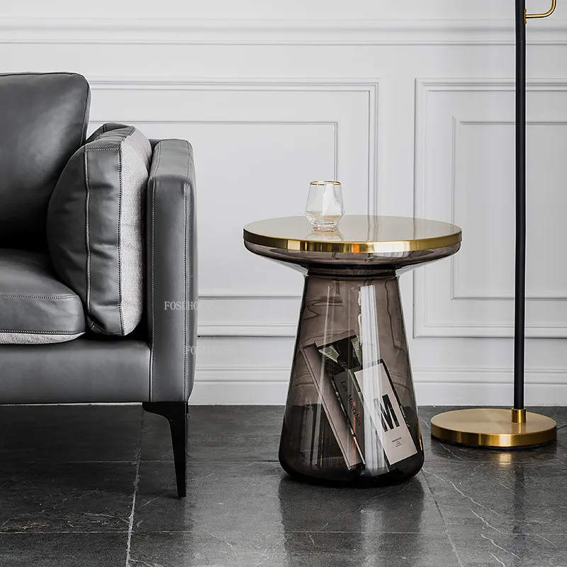 נורדי זכוכית עגולים שולחנות קפה יצירתי הסלון אור יוקרה מתכת לצד שולחן קפה שקוף Stolik Kawowy רהיטים - 1