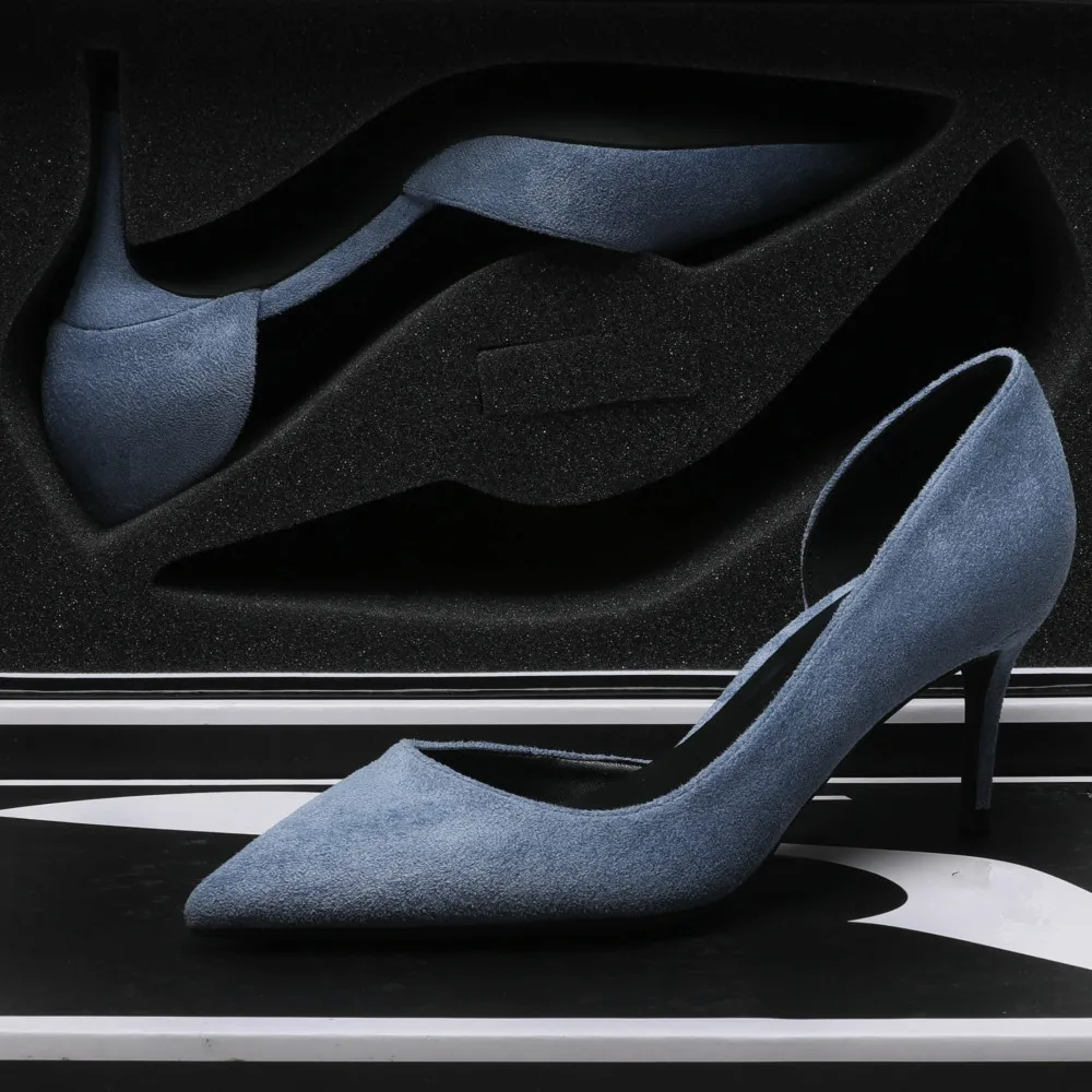 נשים זמש כחולות עור משאבות אופנה סקסית עיצוב קלאסי 6cm נעלי עקבים גבוהים אביב שטחי משרדים נעלי עבודה נקבה E0068 - 1