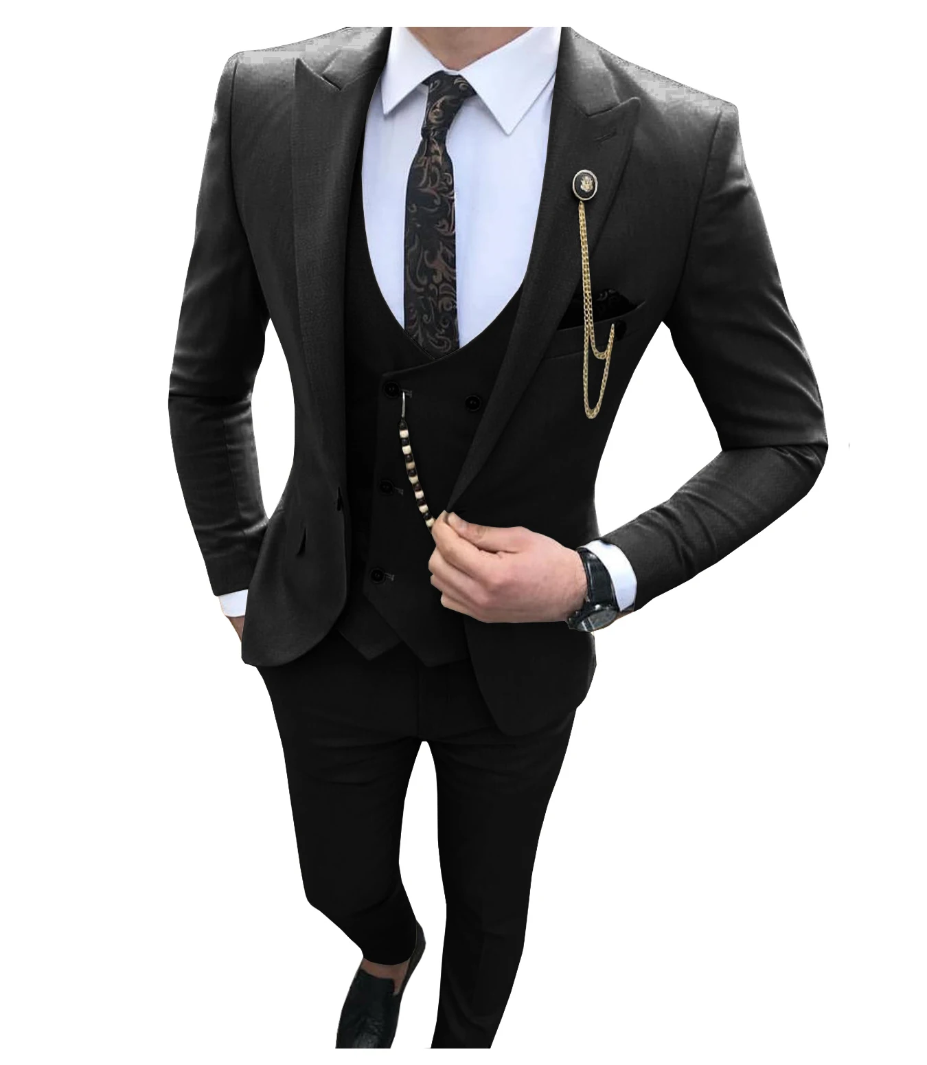 חליפות אלגנטיות לגברים החתונה Slim Fit 3 חתיכה גריי מזדמן הנשף חליפות חתן לשיא דש אנשי עסקים חליפה(בלייזר+אפוד+מכנסיים) - 1