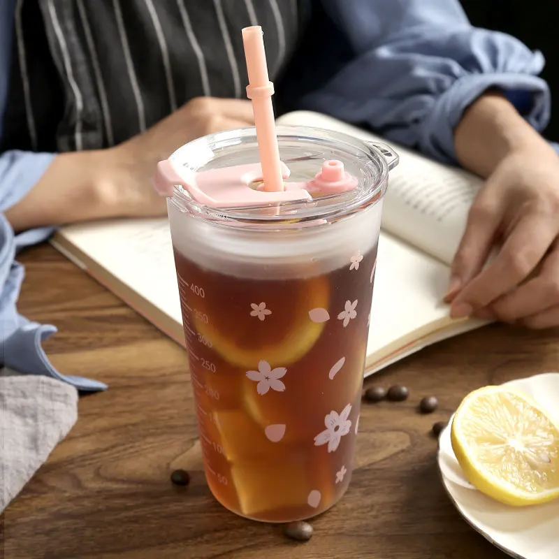 סאקורה לכוס זכוכית שכבה כפולה עמיד בחום זכוכית עם מכסה וקש Kawaii פרח כוס קפה, כוס תה, בקבוק מים Drinkware - 1