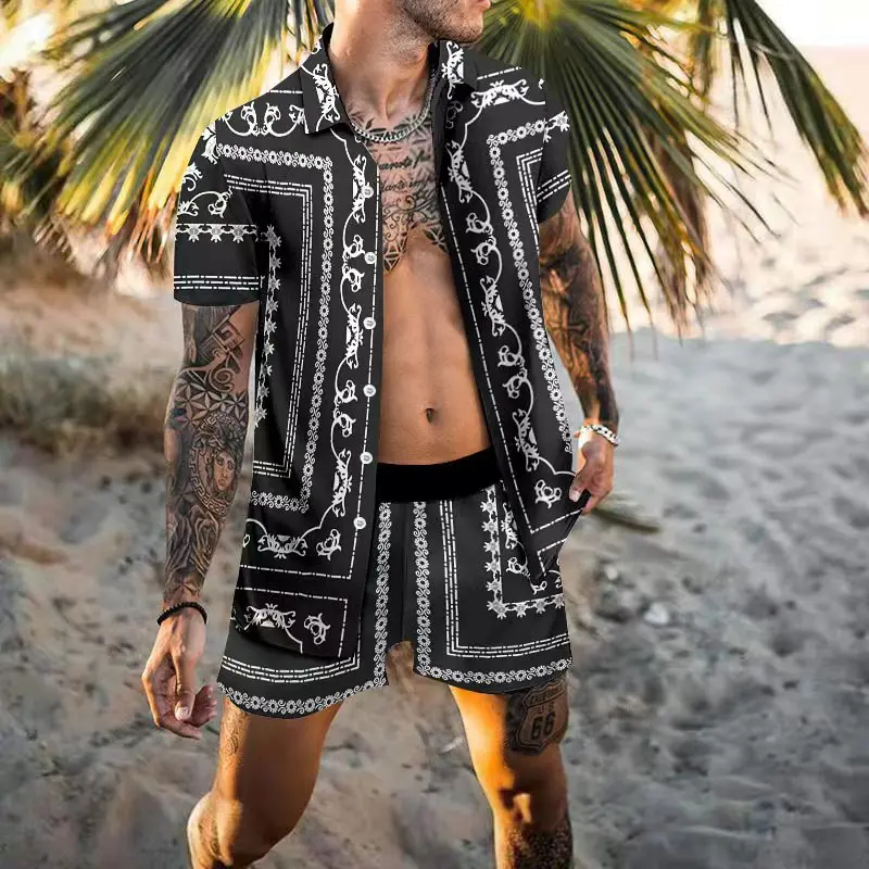 אופנה חדשה החוף של גברים קיץ חולצת החליפה מזדמנים לנשימה מוצק צבע שרוול קצר חולצה קצרים חוף גברים להגדיר - 1