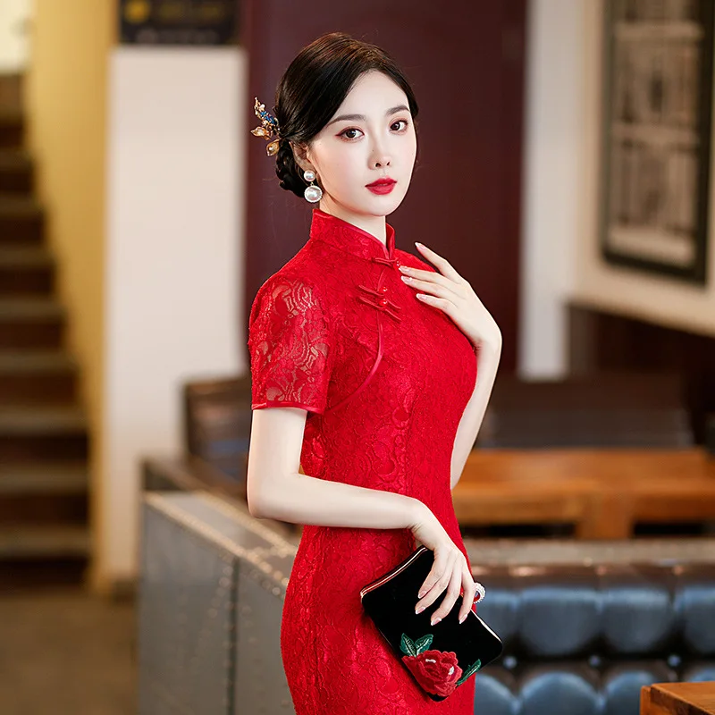 סיני צ ' יפאו Cheongsam דרקון/פיניקס רקמה סינית מסורתית Cheongsam עבור נשים בצד לחתוך שולי שמלת מיני Cheongsam - 1