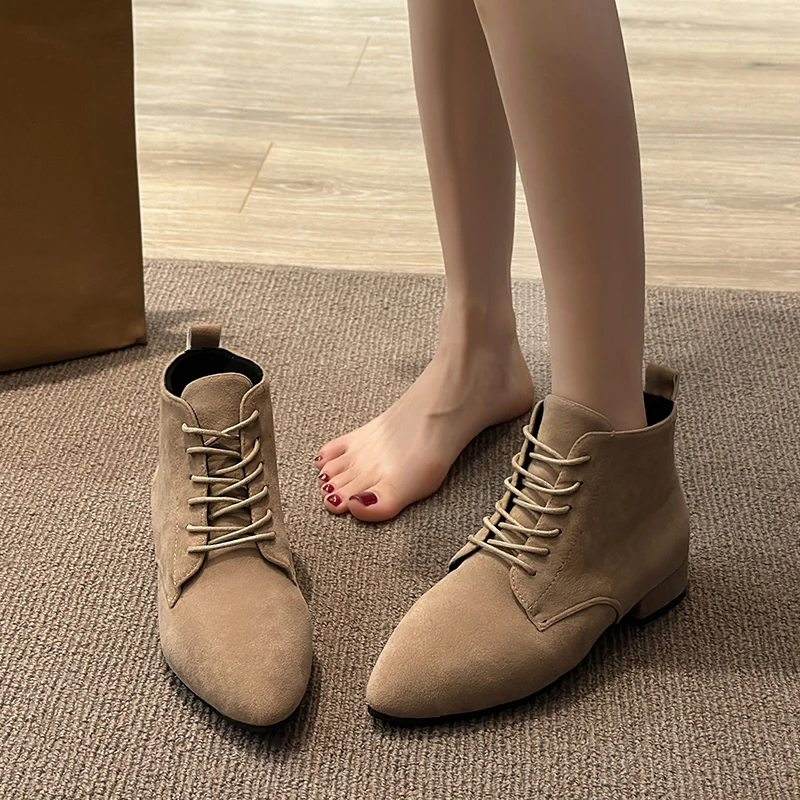נשים הטבעי של זמש עור אלסטי להחליק על מגפי קרסול סתיו חורף בוהן מרובע צ ' לסי מגפי נעלי נעליים פאטוס דה Mujer - 1