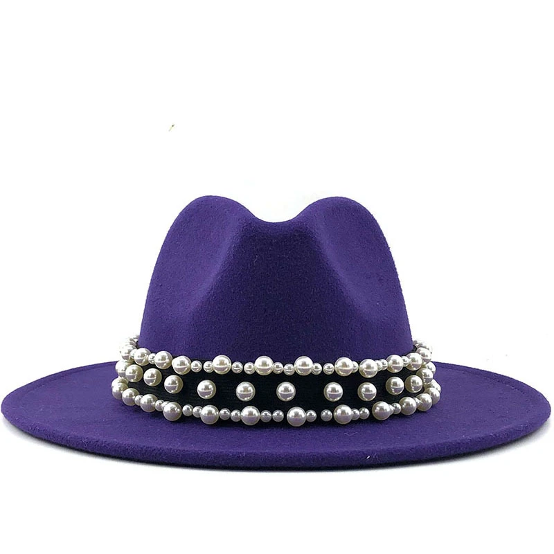 2020 חם גברים, נשים, שוליים רחבים, צמר הרגיש מגבעת פנמה כובע פרל חגורת ג ' אז טרובי כובע מסיבה רשמית כובע לבן,שחור - 1