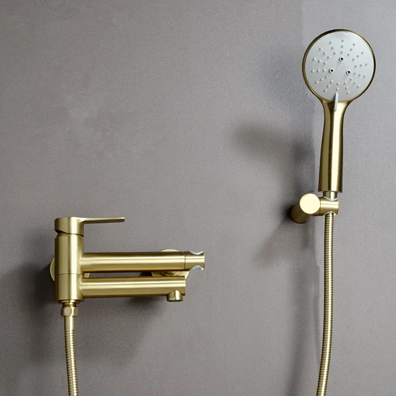 חדר אמבטיה ברזים לאמבטיה להגדיר חמה & קר, מוצק פליז מוברש זהב עם כף יד מקלחת ברז מיקסר הקש על קיר רכוב מסתובב - 1