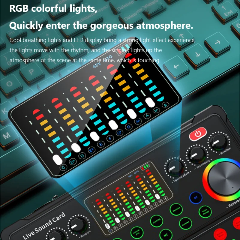 M3 אלחוטית, כרטיס קול עבור Youtuber לחיות KTV,עם RGB נושמת אור תצוגת LED DSP רעש חכמה תמיכה 48V למיקרופון - 1