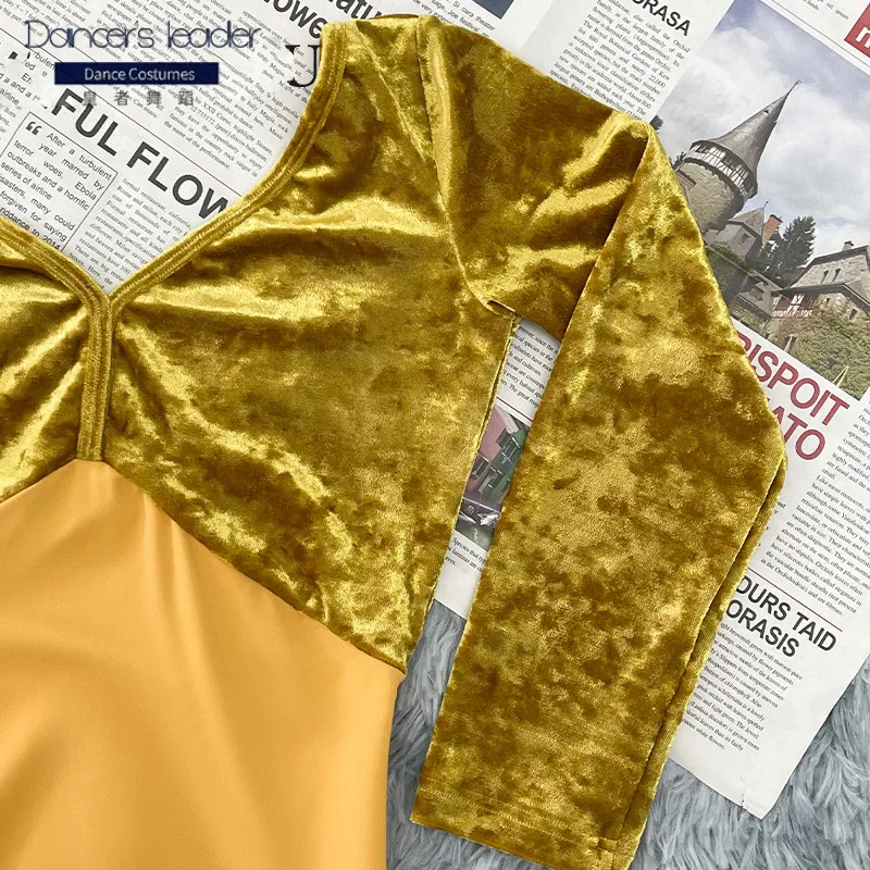 בלט על בגד גוף עם שרוולים ארוכים הכשרה החליפה זהב קטיפה התעמלות בגד גוף הבלרינה ביצועים השמלה - 2