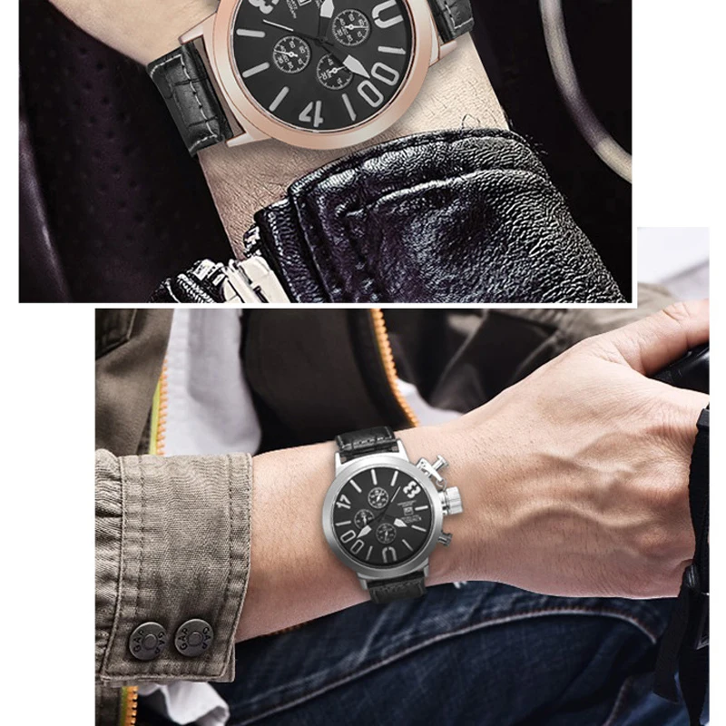 שעון חדש אוטומטי תאריך, הכרונוגרף גברים השעון עמיד למים אופנה מזדמן רצועת עור הצבאי ספורט שעונים שעון Relogio masculino - 2