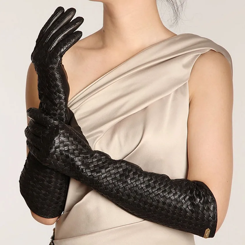 מכירת 43cm ארוך עור אמיתי נשים כפפות עור כבש שחור מוצק כפפות מרפק חורף תרמית אופנה משלוח חינם L108NN - 2