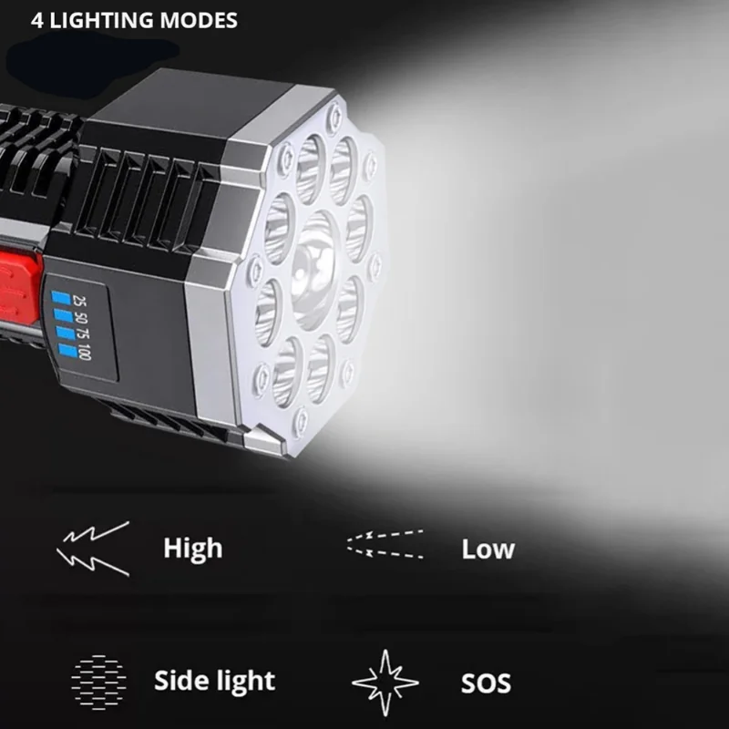 נייד 9 הליבה גבוה כוח LED פנס עם תצוגת כוח קלח צד האור נטענת USB טקטי לפיד תאורה חיצונית - 2
