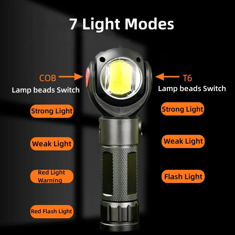 סיבוב 360° קלח LED אור 7 מצבי תאורה 500Lumen T6 Led פנס לפיד מנורת פנס נטענת USB מגנטי להפעיל את האורות. - 2