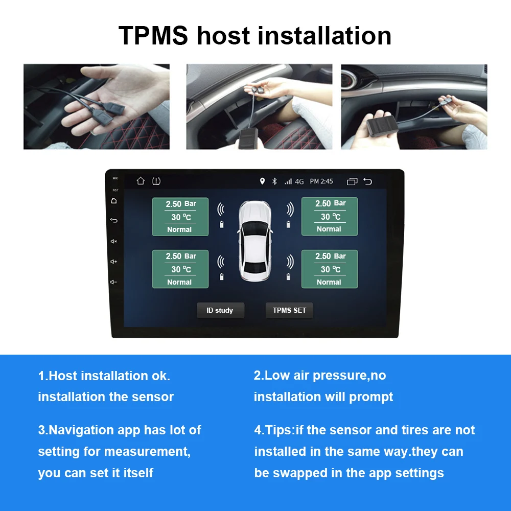 גלגל רזרבי פנימי חיצוני חיישן אנדרואיד TPM עבור הרדיו ברכב נגן DVD USB TPM מערכת ניטור לחץ צמיגים - 2