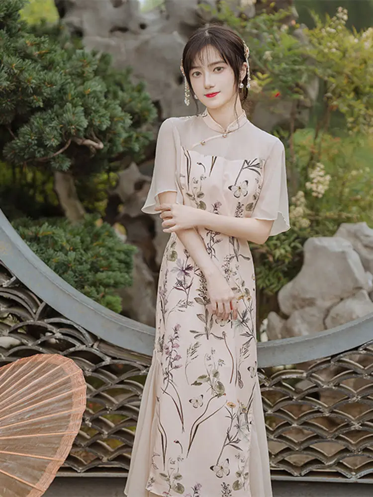 סיני Cheongsam שמלת 2023 רטרו שונה עם שרוול קצר מודפס באיכות גבוהה אלגנטית טמפרמנט הרזיה צ 'יפאו צ' י-פאו - 2