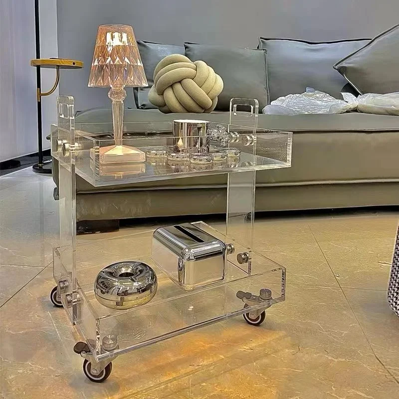 אקריליק שקוף זווית שולחן צד 2-שכבת אחסון טרולי מדף הספה ליד המיטה מטלטלין שקט אוניברסלי גלגל פשוטה חטיפים ההגירה - 2