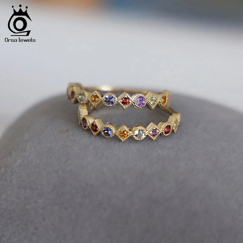 ORSA תכשיטי כסף סטרלינג 925 נשים טבעות קשת צבעונית AAAA זירקון זהב-צבע כסף האצבע טבעת תכשיטים 2021 EQR14 - 2