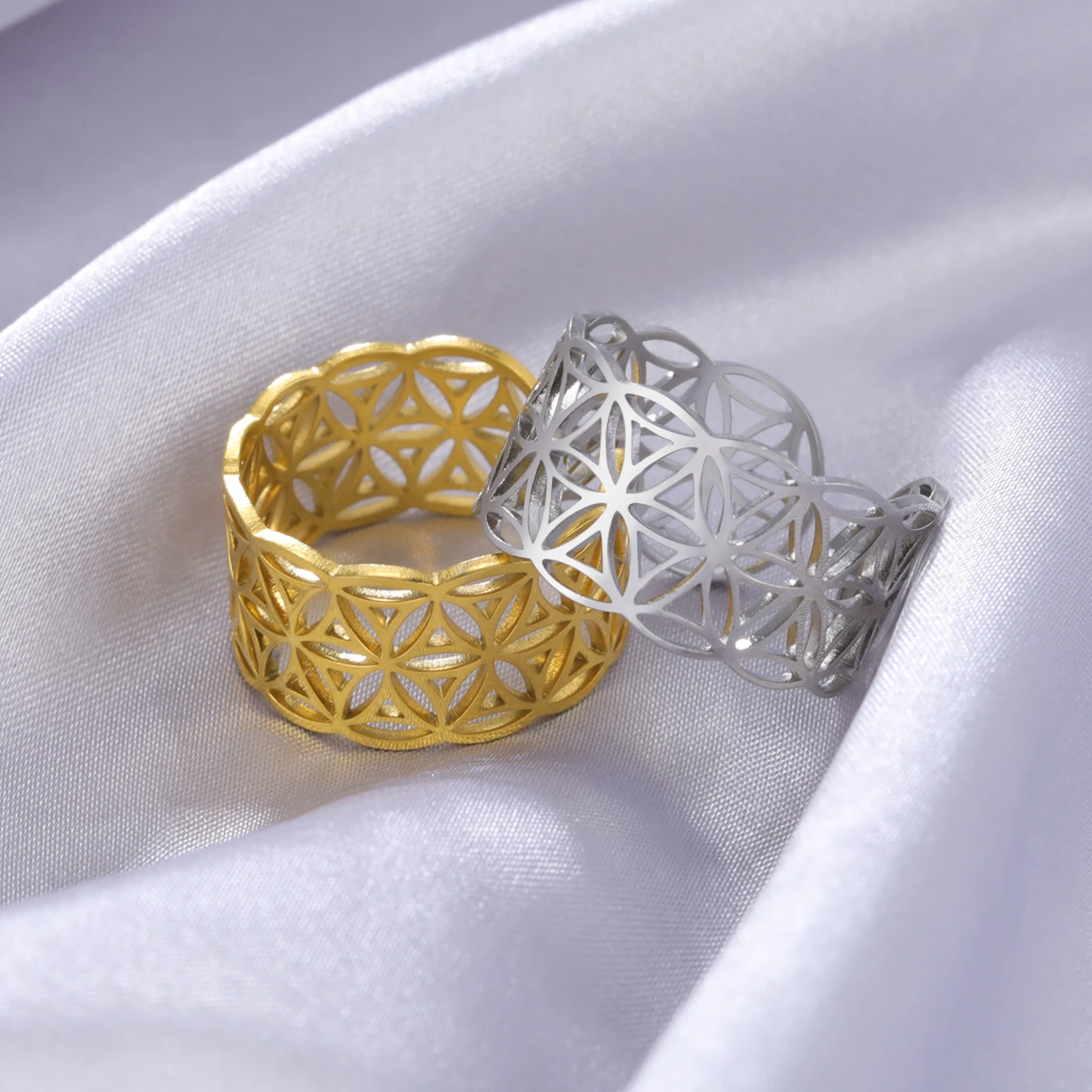 Skyrim פרח החיים הטבעת נשים נירוסטה זהב צבע גיאומטריה מקודשת פתח מתכוונן אסתטי טבעות 2023 תכשיטים מתנה - 2
