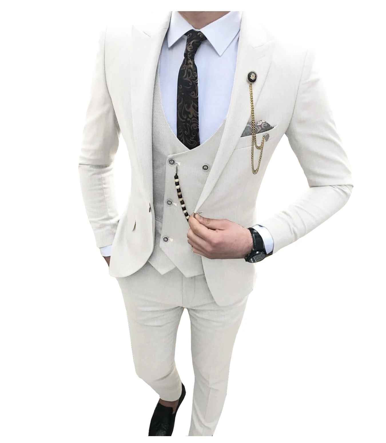 חליפות אלגנטיות לגברים החתונה Slim Fit 3 חתיכה גריי מזדמן הנשף חליפות חתן לשיא דש אנשי עסקים חליפה(בלייזר+אפוד+מכנסיים) - 2