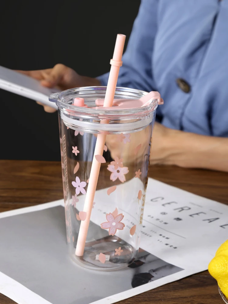 סאקורה לכוס זכוכית שכבה כפולה עמיד בחום זכוכית עם מכסה וקש Kawaii פרח כוס קפה, כוס תה, בקבוק מים Drinkware - 2