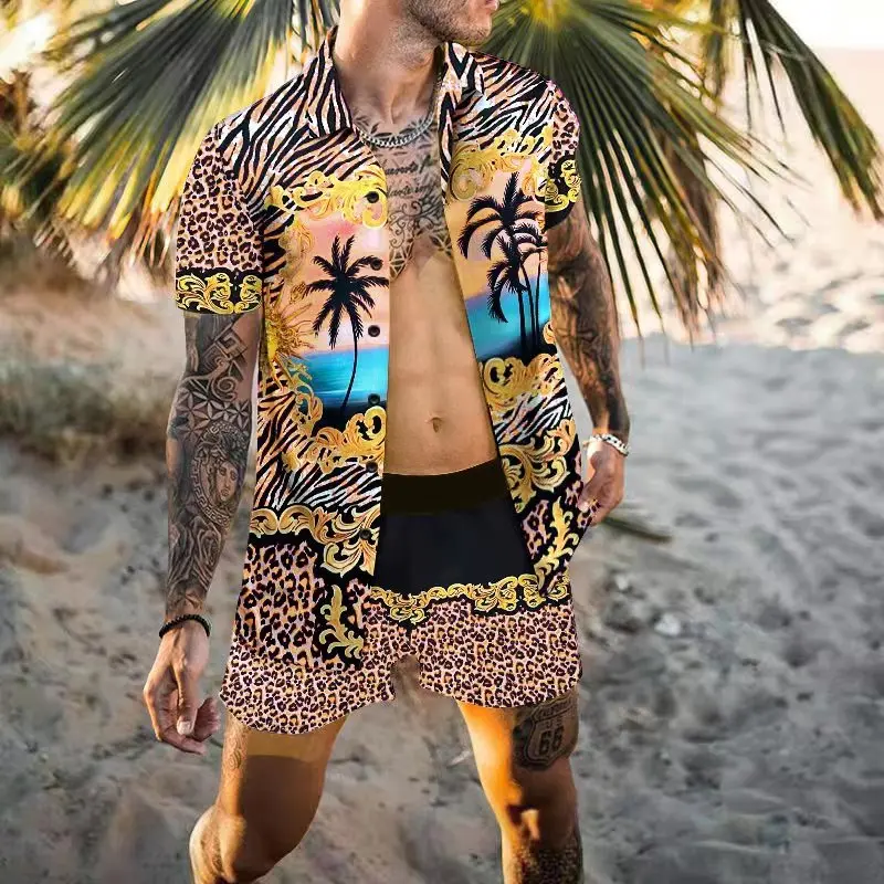 אופנה חדשה החוף של גברים קיץ חולצת החליפה מזדמנים לנשימה מוצק צבע שרוול קצר חולצה קצרים חוף גברים להגדיר - 2
