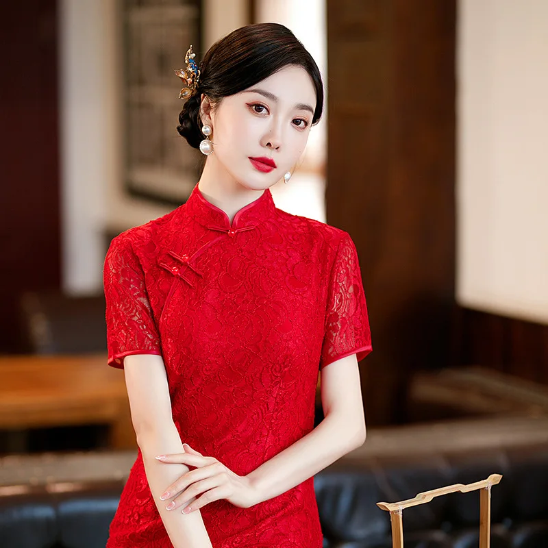 סיני צ ' יפאו Cheongsam דרקון/פיניקס רקמה סינית מסורתית Cheongsam עבור נשים בצד לחתוך שולי שמלת מיני Cheongsam - 2