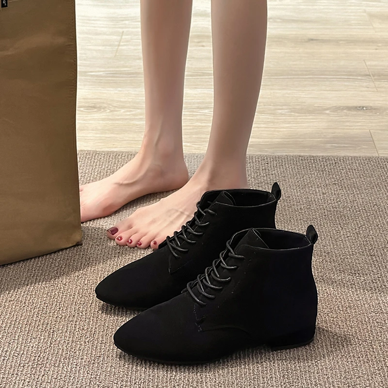 נשים הטבעי של זמש עור אלסטי להחליק על מגפי קרסול סתיו חורף בוהן מרובע צ ' לסי מגפי נעלי נעליים פאטוס דה Mujer - 2