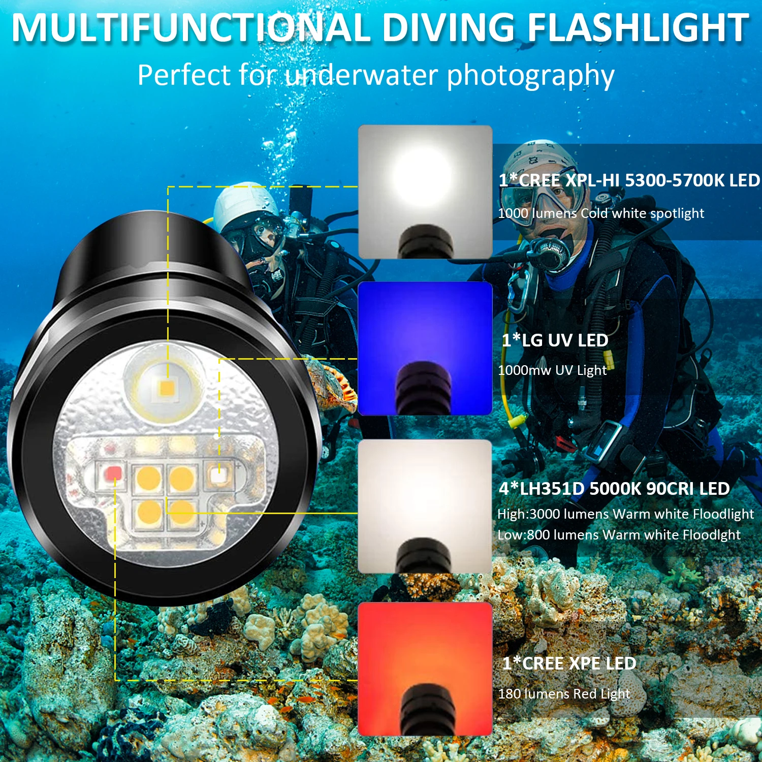 DL07 צלילה אור Mulit LED בצבע לבן אדום UV פנס עמיד במים חזק 26650 לפיד,שיטפון, מקום,מגנט מתג - 2