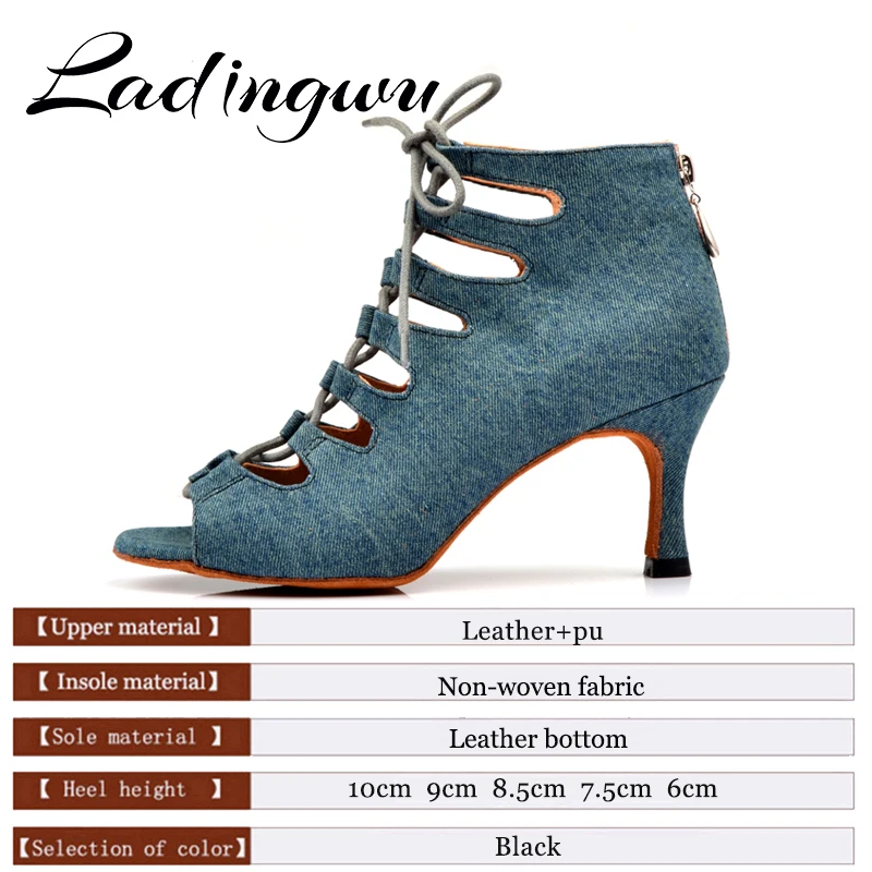 Ladingwu ריקודים לטיניים נשים נעלי ג ' ינס כחול לרקוד מגפיים רחב דק העקב גבוה 10-6cm ביצועי סלסה ריקודים סלוניים נעליים - 2
