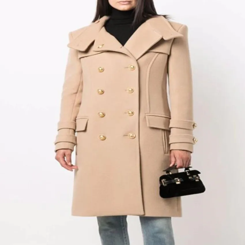 אופנה החורף OL כפול עם חזה ארוך מעיל צמר נשים אלגנטי סלים משרד ליידי צמר תערובות להאריך ימים יותר - 2