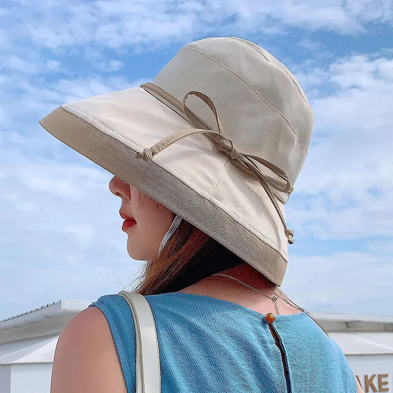יפנית קוריאנית נשים דייג כובע 2023Summer קרם הגנה תחרה קשת התאמת צבע חוף השמש כובע אופנה פשוטה חיצונית כובעי פנמה - 3