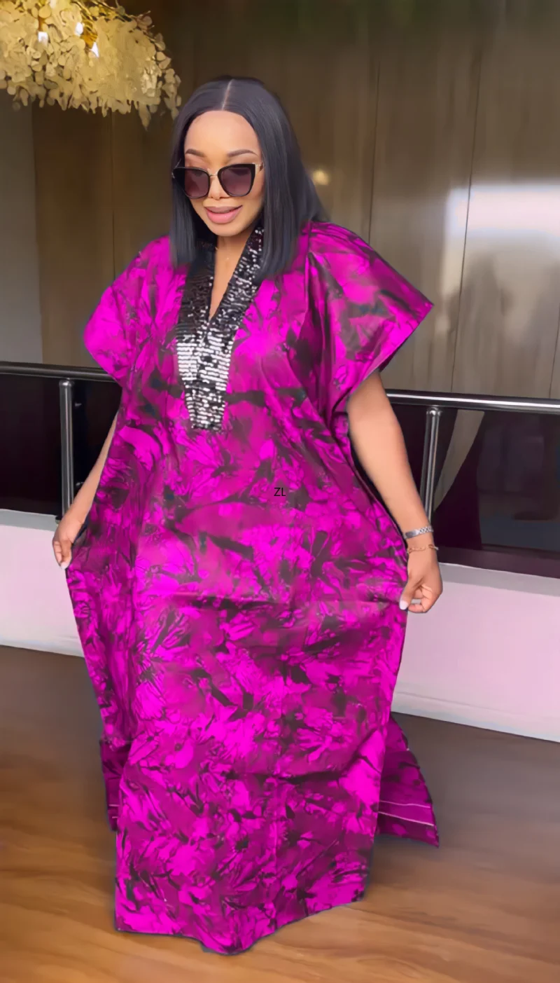 פוליאסטר אפריקה שמלות לנשים הקיץ אפריקה קצר השרוול V-צוואר נצנצים בתוספת גודל ארוכה גלימות אפריקה בגדי נשים - 3