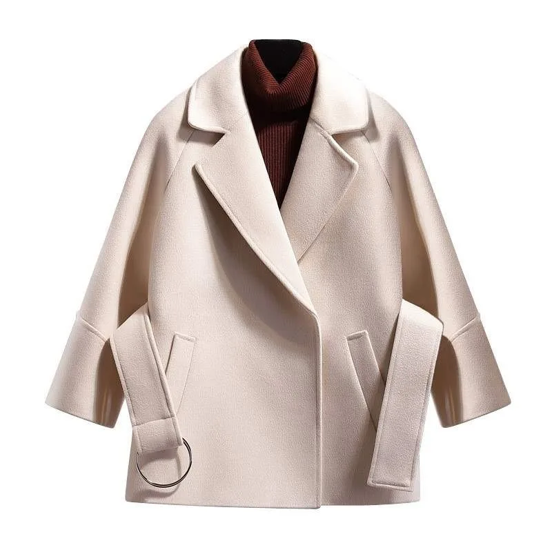2022 חדש לנשים קצר צמר מעיל חגורת מעיל אופנה מזדמן נשים מעיל קצר מוצק צבע רופף מעיל נשים חאקי דש העליון - 3