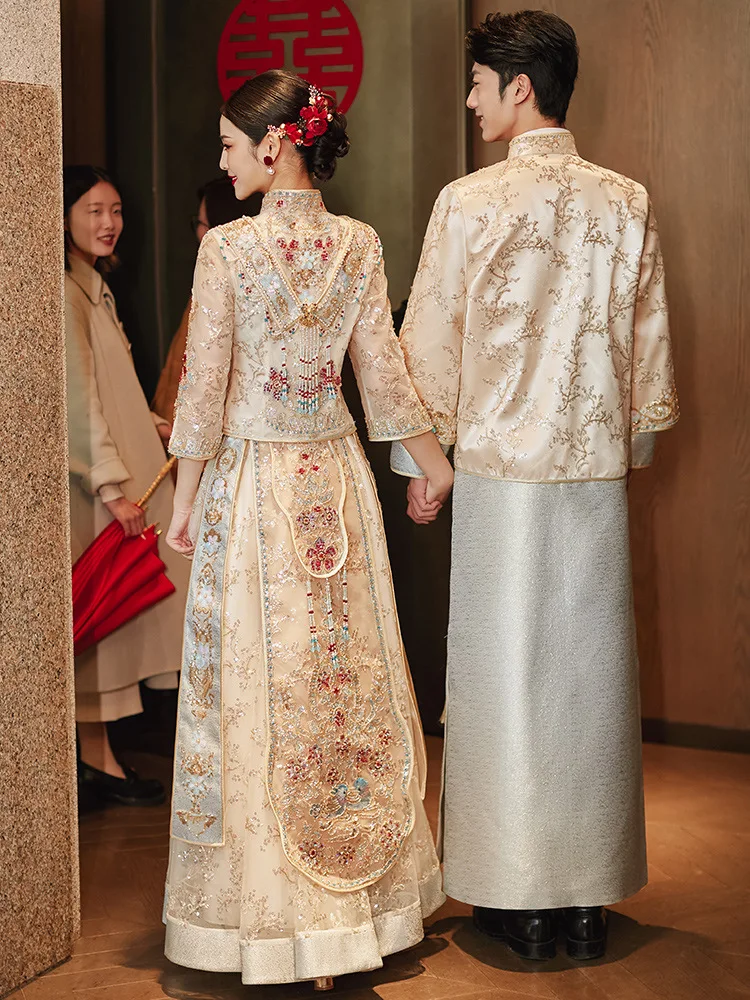 לבוש מסורתי של נשים שמפניה Xiuhe כלה שמלת החתונה Eleganct זהב סינית העליון טוסט להגדיר נקבה החתן טאנג חליפה - 3