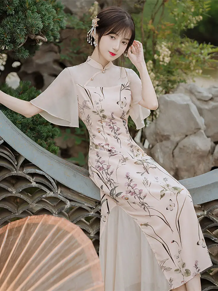 סיני Cheongsam שמלת 2023 רטרו שונה עם שרוול קצר מודפס באיכות גבוהה אלגנטית טמפרמנט הרזיה צ 'יפאו צ' י-פאו - 3