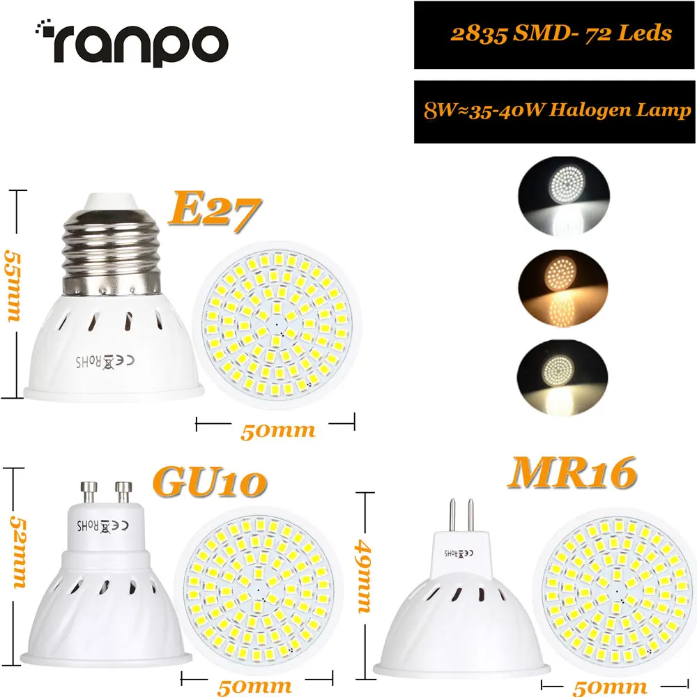 סופר מבריק GU10 MR16 LED הנורה E27 מנורת Led אור הזרקורים 4W 6W 8W AC 110V 2835 SMD Lampada נר Led לוז - 3