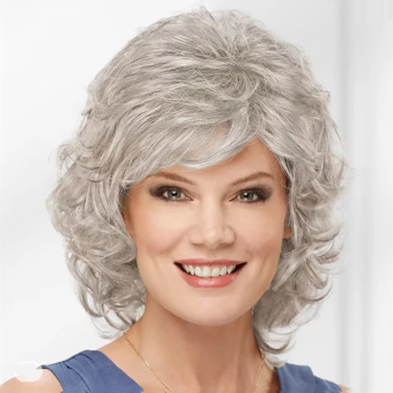 HAIRJOY נשים סינטטי פאות שיער קצר עם פוני מתולתל אורך כתף חום בלונד אפור לבן הפאה - 3