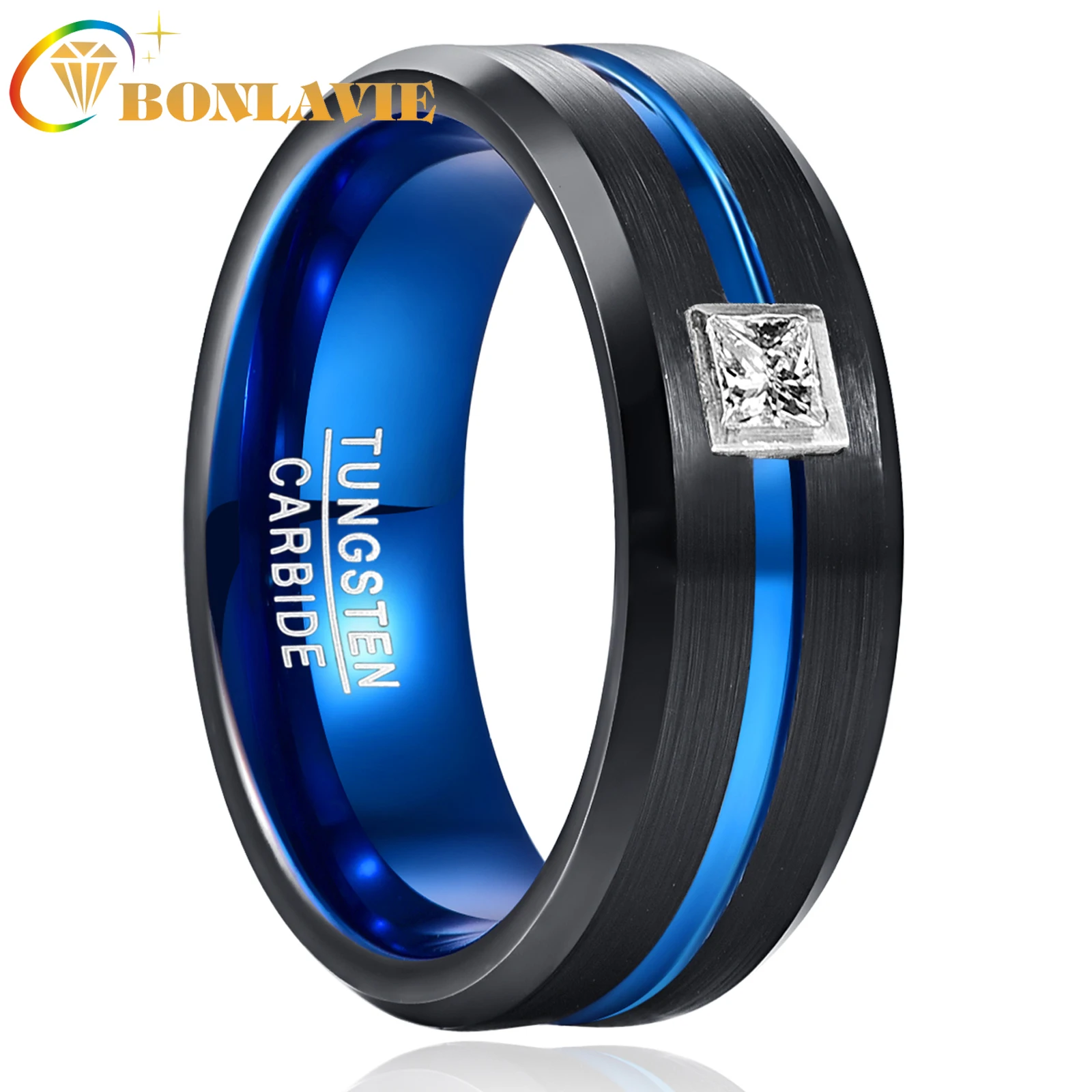 BONLAVIE טבעת נישואין יפיפייה העיקרי צבע יהלום אמיתי 0.3 ct גברים טבעות אמיתי טונגסטן קרביד להקות חתונה זכר הטבעת - 3