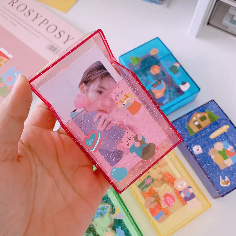 Photocard בעל כוכב כרטיס גימור התיבה מחזיק כרטיס אוסף תמונות תיבת אחסון בגודל 3 אינץ ' שקוף נצנצים תיק מגן - 3