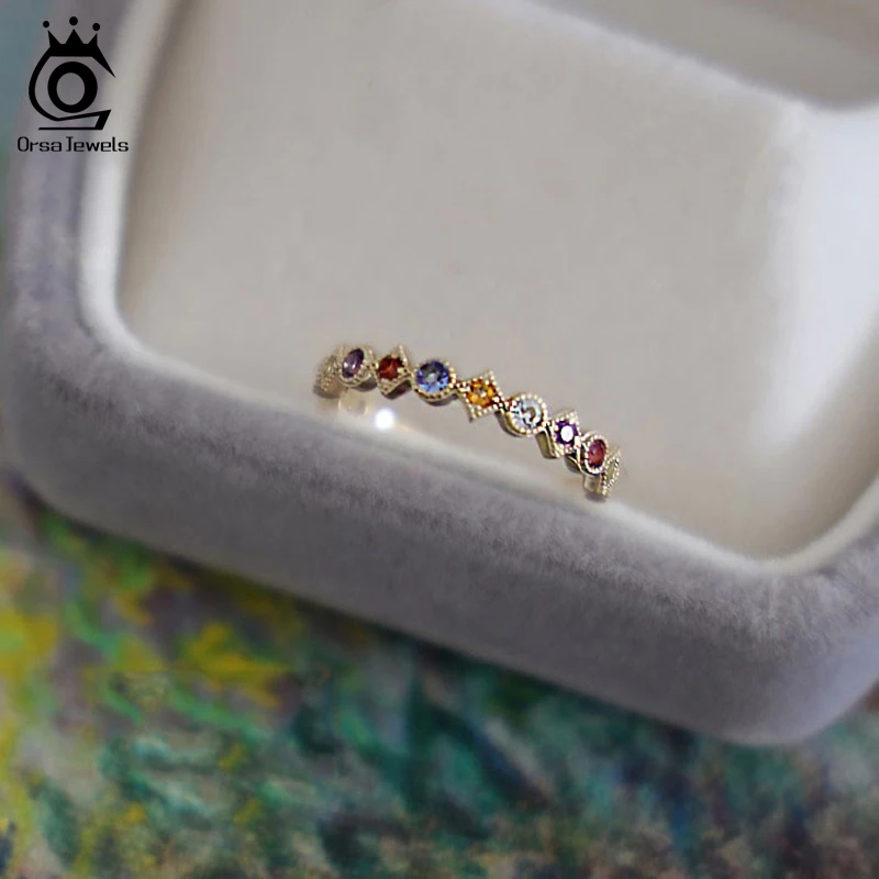 ORSA תכשיטי כסף סטרלינג 925 נשים טבעות קשת צבעונית AAAA זירקון זהב-צבע כסף האצבע טבעת תכשיטים 2021 EQR14 - 3
