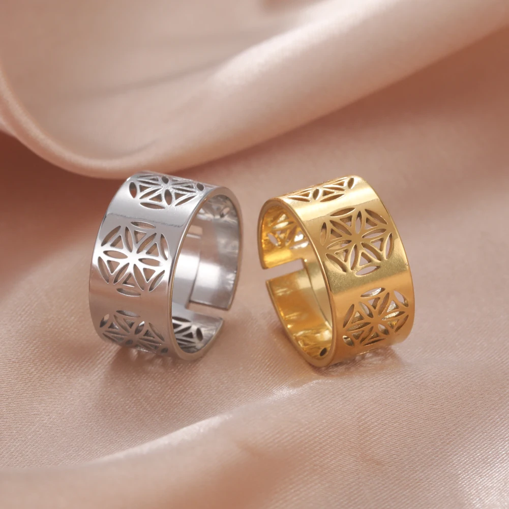 Skyrim פרח החיים הטבעת נשים נירוסטה זהב צבע גיאומטריה מקודשת פתח מתכוונן אסתטי טבעות 2023 תכשיטים מתנה - 3