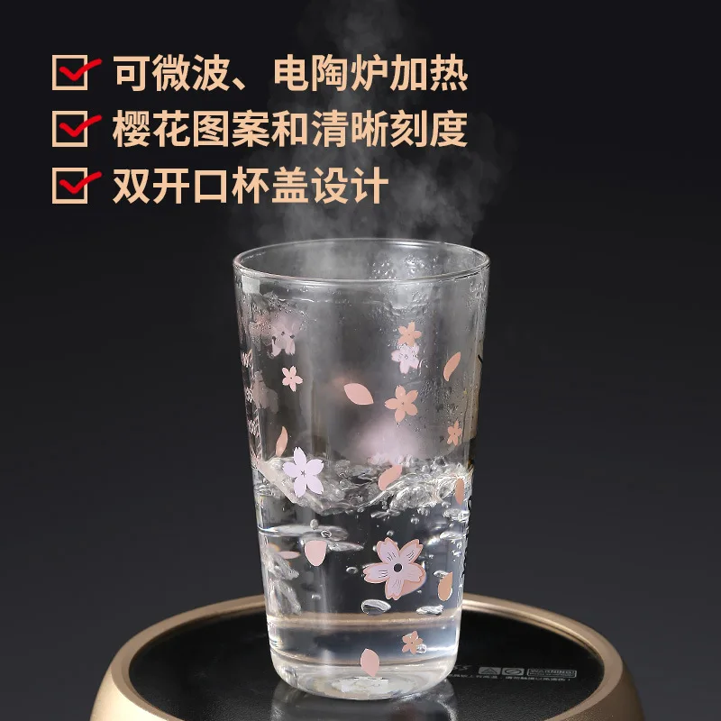סאקורה לכוס זכוכית שכבה כפולה עמיד בחום זכוכית עם מכסה וקש Kawaii פרח כוס קפה, כוס תה, בקבוק מים Drinkware - 3