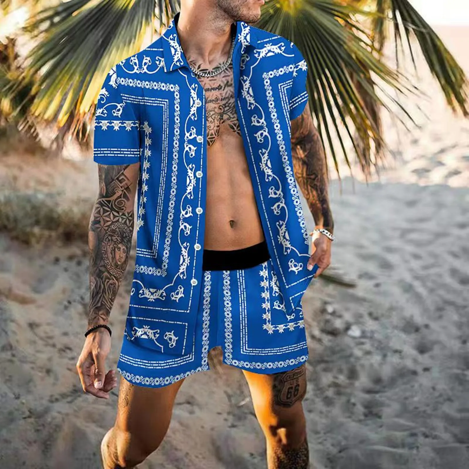 אופנה חדשה החוף של גברים קיץ חולצת החליפה מזדמנים לנשימה מוצק צבע שרוול קצר חולצה קצרים חוף גברים להגדיר - 3