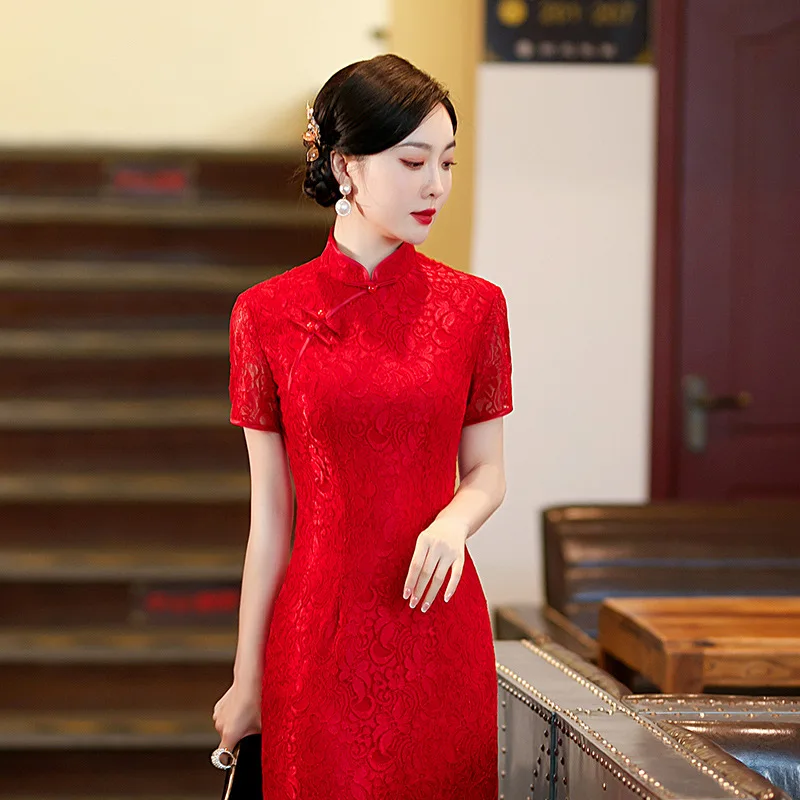 סיני צ ' יפאו Cheongsam דרקון/פיניקס רקמה סינית מסורתית Cheongsam עבור נשים בצד לחתוך שולי שמלת מיני Cheongsam - 3
