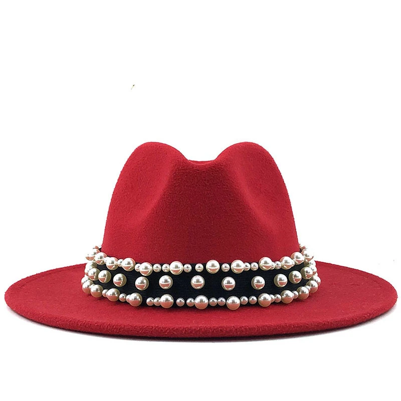 2020 חם גברים, נשים, שוליים רחבים, צמר הרגיש מגבעת פנמה כובע פרל חגורת ג ' אז טרובי כובע מסיבה רשמית כובע לבן,שחור - 3