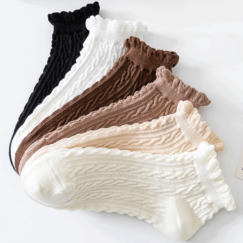 רטרו דק נשים גרביים מוצק כותנה צבע הגרביים קוריאנית קיץ לנשימה יפנית פטריות תחרה טוויסט צינור קצר הסירה גרביים - 3