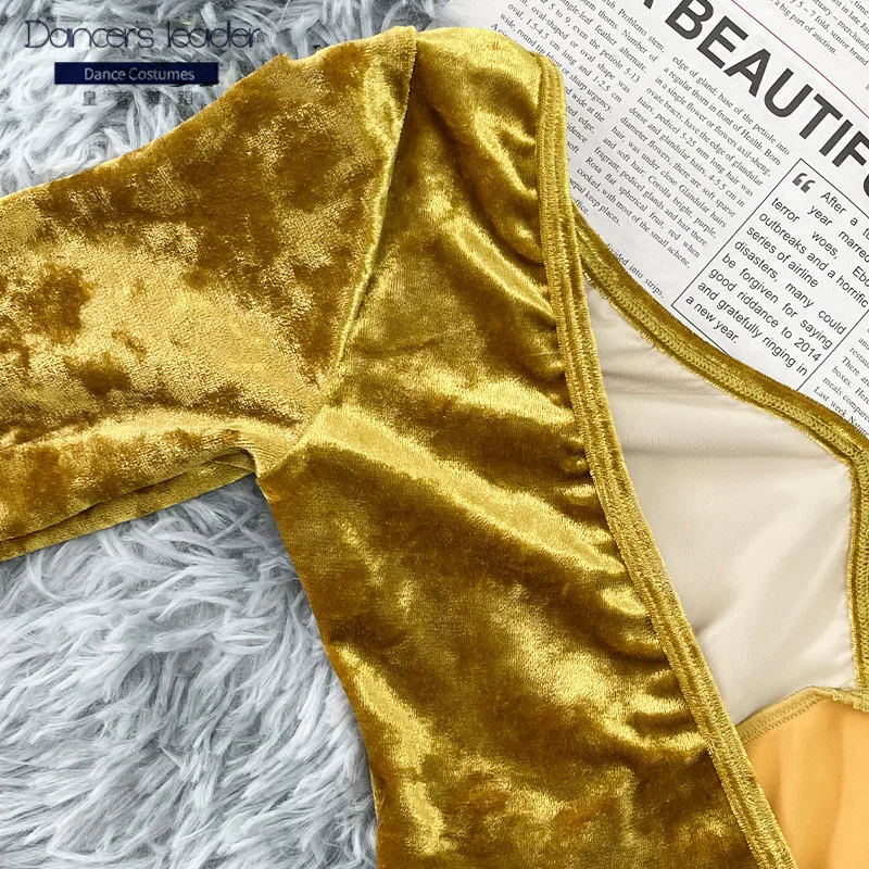 בלט על בגד גוף עם שרוולים ארוכים הכשרה החליפה זהב קטיפה התעמלות בגד גוף הבלרינה ביצועים השמלה - 4